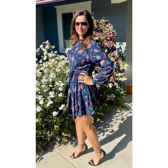 DEREK LAM COLLECTIVE Navy Floral Print Godet-pleated Skirt Mini Dress Size 46 - Picture 2 of 11